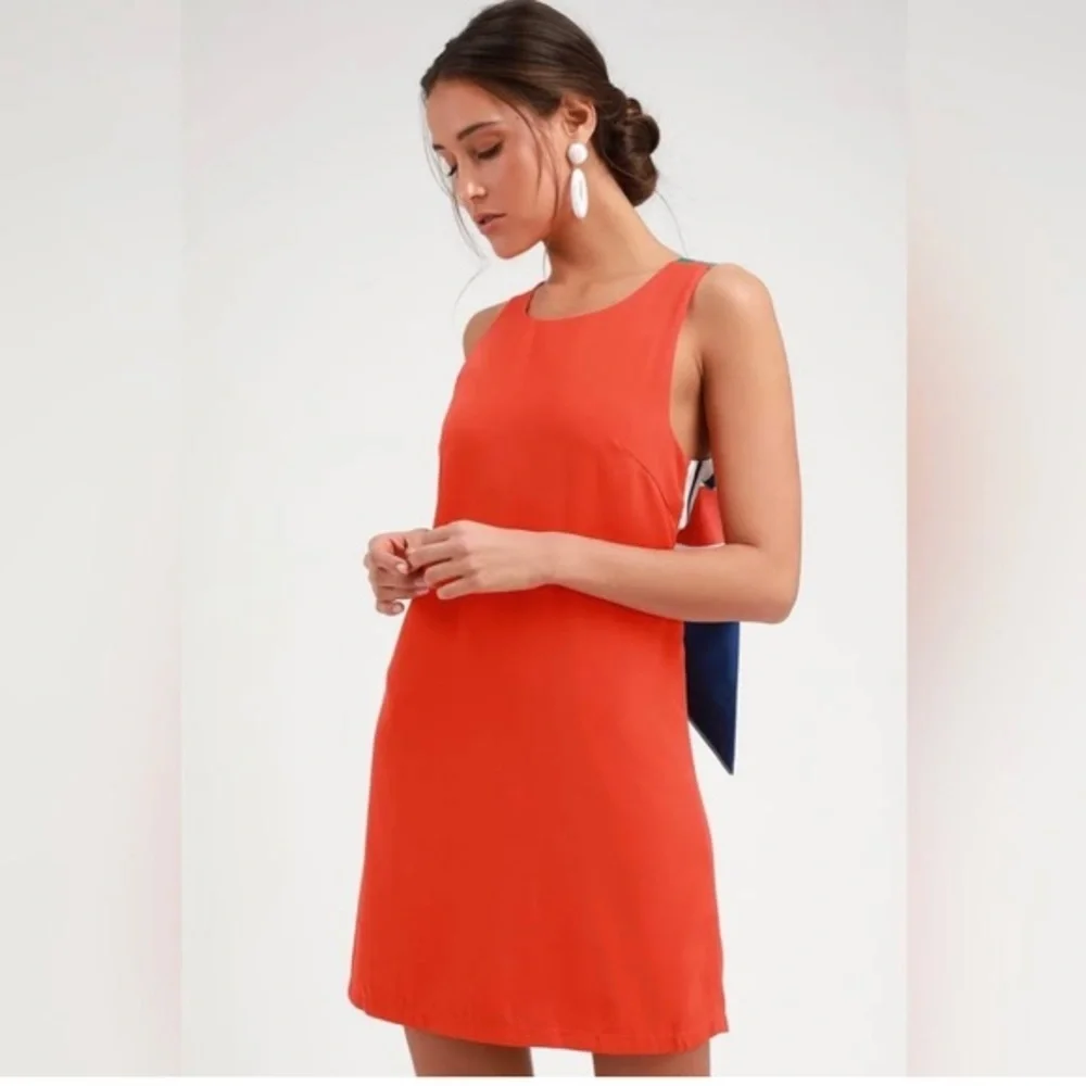 LULU’S Joyful Red Orange Multi Stripe Tie-Back Mini Dress Size Small, Like New - Picture 2 of 15